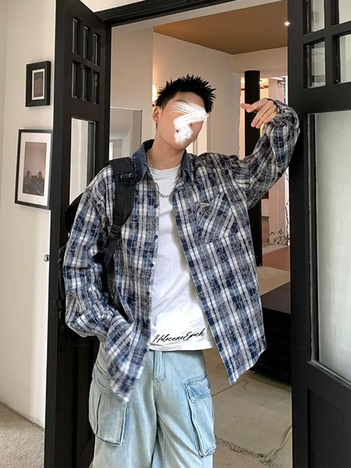 

Retro American Waed Long Sve irt Men Spring Summer Trendy Loose Corduroy Patchwork Plaid Outerwear Youth Casual Chee...