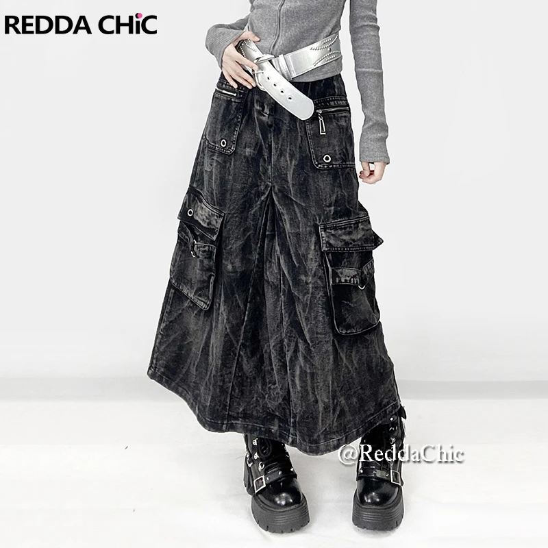 ReddaChic Tie Dye Black Jeans Cargo Skirt Women Midi Long Eyelets Pocket Do old Pleat A-line Denim Skirt Acubi Fashion Clothes