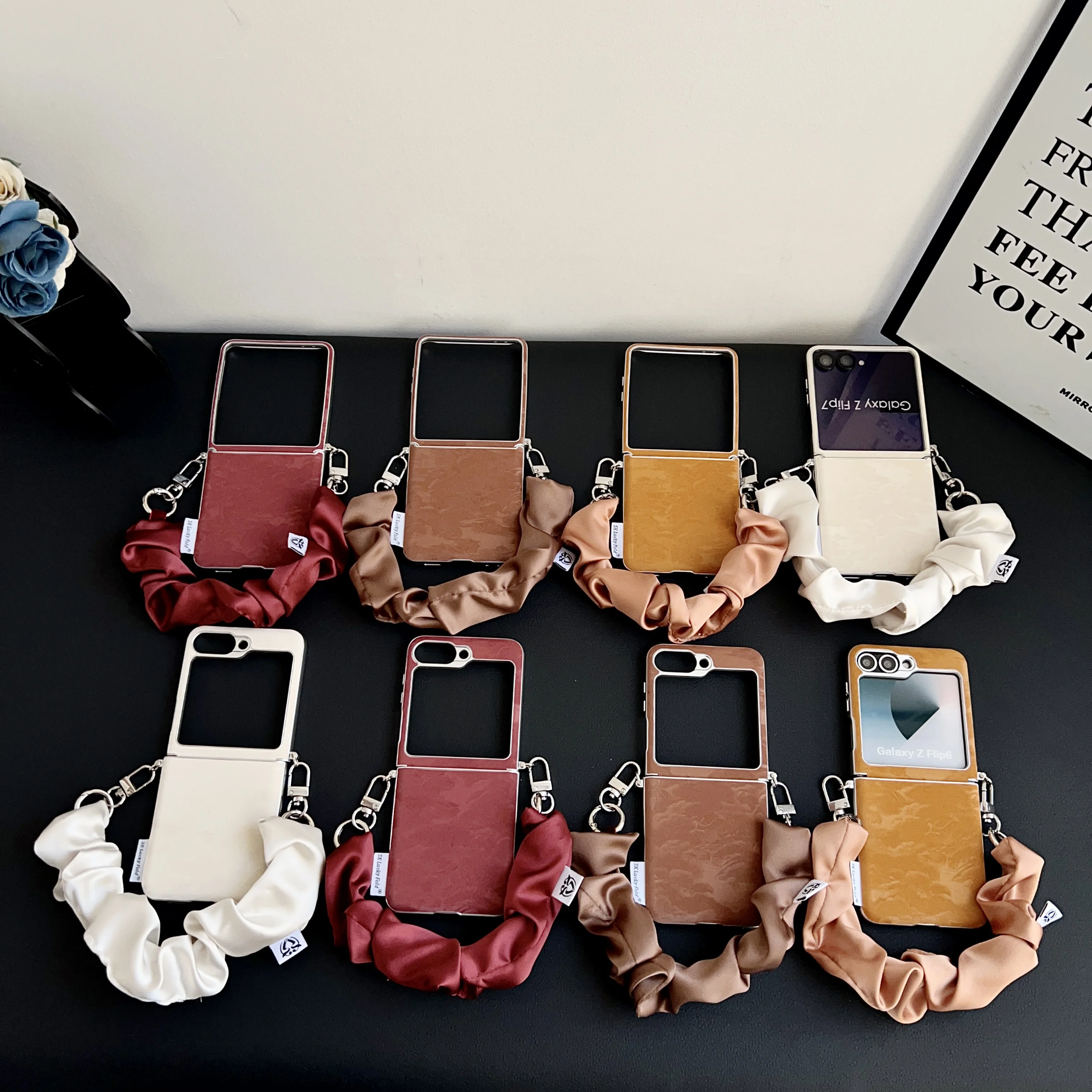 

Back Cover For Samsung Galaxy Z Flip 7 6 5 Case Landscape Painting Pattern Pu Leather Cloth Strip Chain Hard PC Shockproof Case