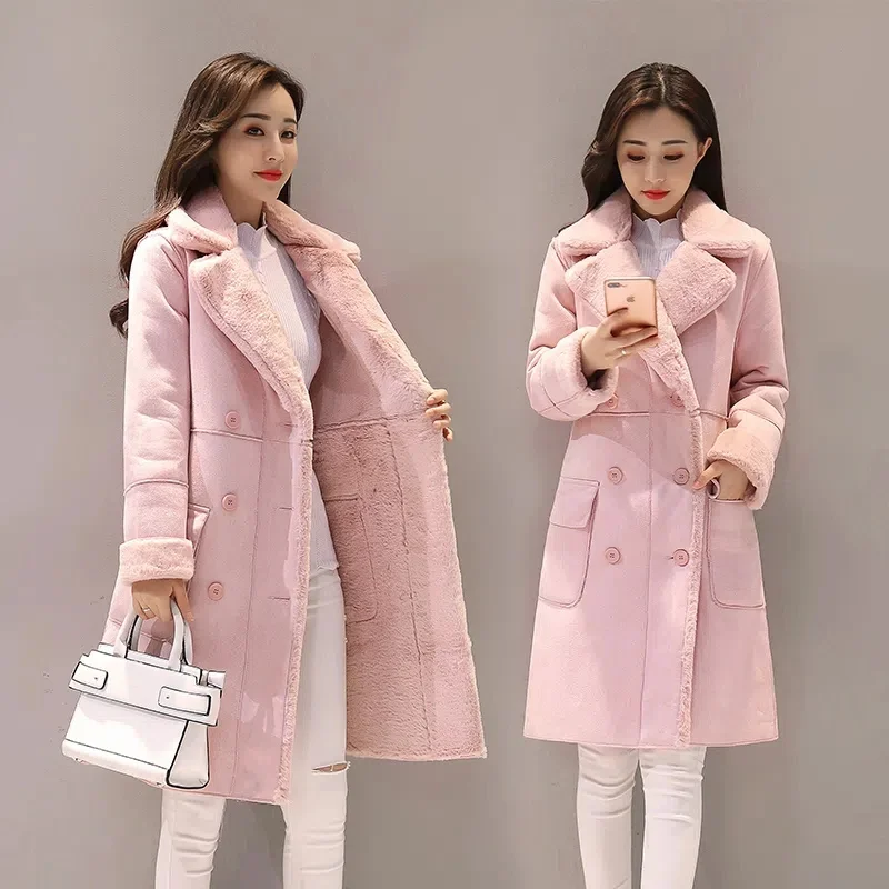 Deerskin Cashmere Lamb Wool Coat 2023 Winter New Women's Cotton Clothing Slim Slim Medium Long Coat Over The Knee Solid Color X4