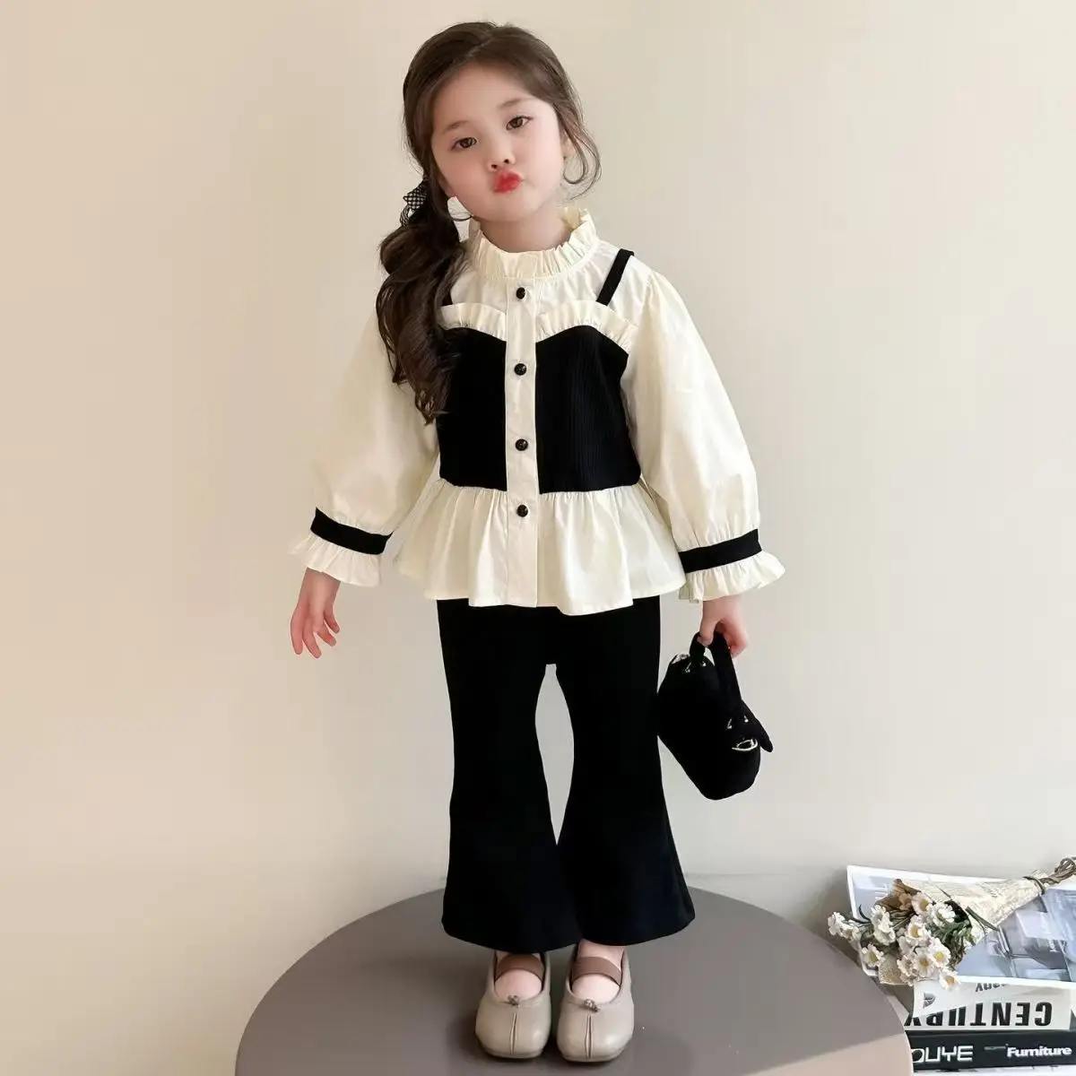 Girls 2‑8Y 2‑Piece Outfit Ruffle Mock Two‑Piece Long Sleeve Top Elastic Flare Pants Set Kids Sweet Black White Matching Clothes