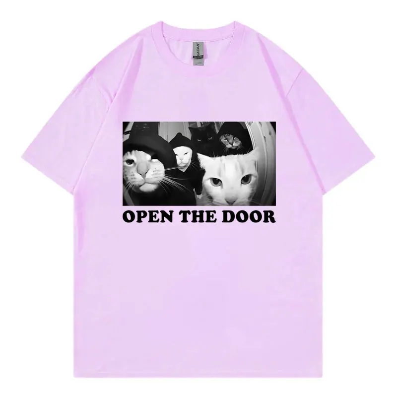 Open The Door Funny Cat Gang Meme T-shirt Men Women High Street Fashion Trend T Shirt Summer Casual Loose Short Sleeve T-shirts
