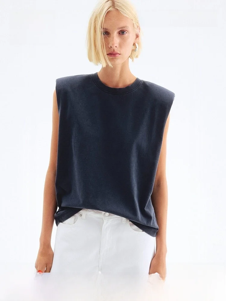 

H&M Summer Women's Vest with Shoulder Pads Sleeveless Top Casual Loose Fit round Neck Cotton H-Shape Backless Innerwear