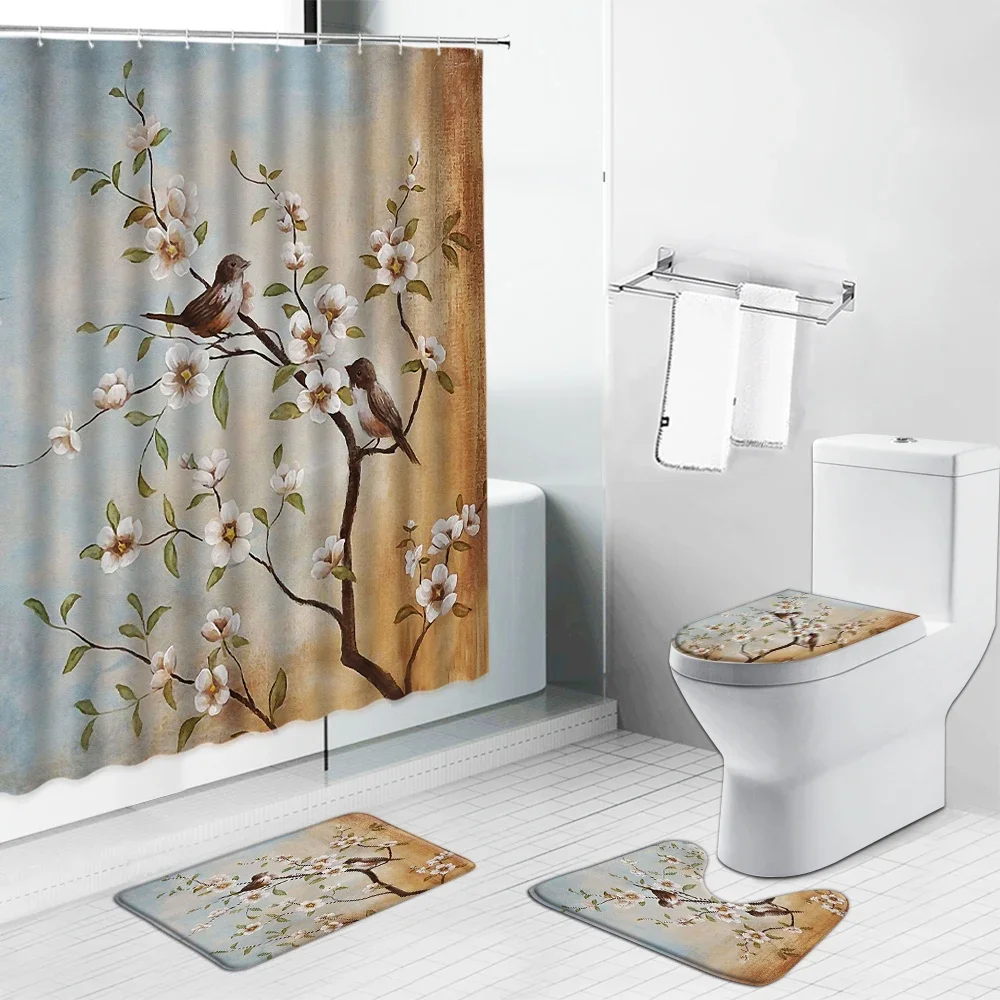 Pink Flowers Scenery Shower Curtains Modern Watercolor Floral Bird Bathroom Curtains Non-Slip Rugs Set Toilet Cover Carpet Mats