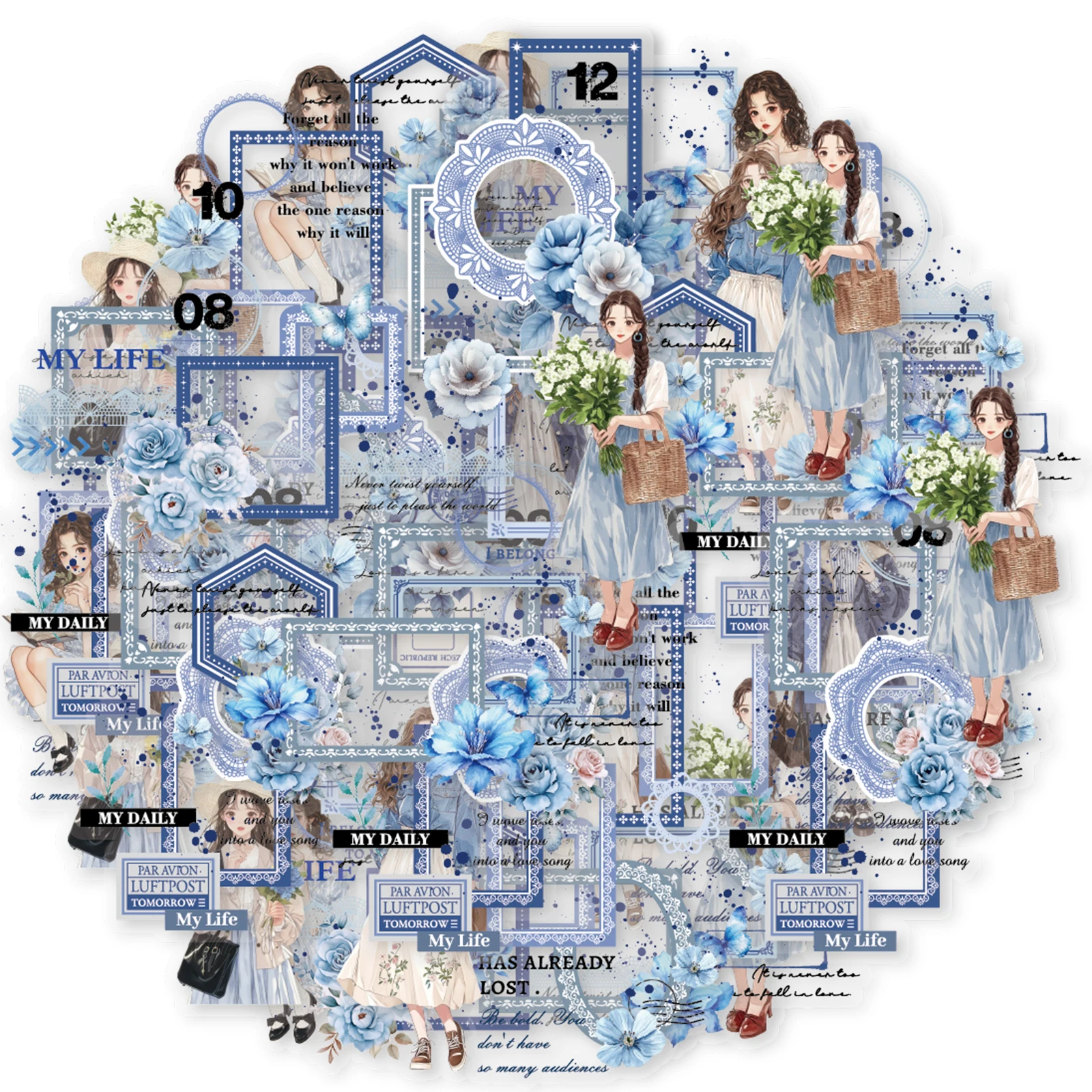 

10 шт., набор синих наклеек с цветочным узором для девочек для ноутбуков, чехлов для телефонов, чемоданов, альбомов, альбомов, канцелярских украшений