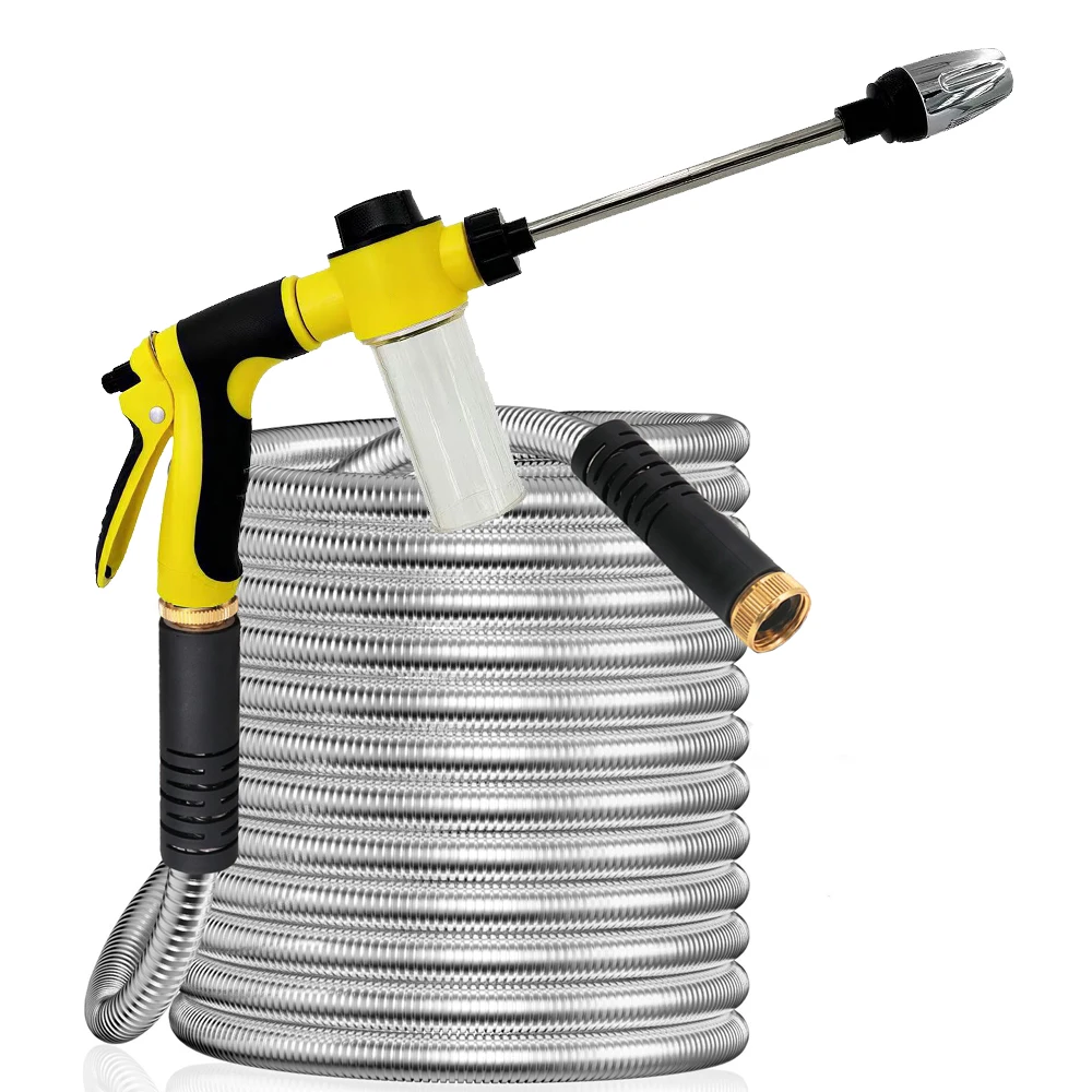 Metal Garden Hose 25 ft Rust Proof Stainless Steel Water Hose Heavy Duty Backyard Hose with Nozzle No-Kink Flexible Water Pipe ﻿
