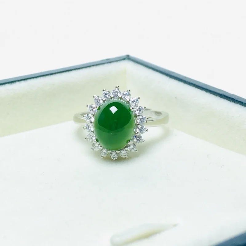 

Hetian Jade Oval Surface S925 Silver Inlaid With Full Sunflower Women'S Jewelry Ring