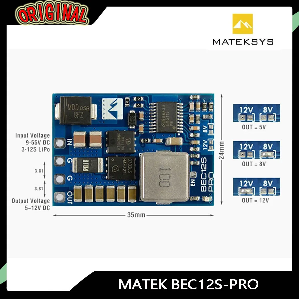 

MATEKSYS BEC12S-PRO BEC Power Module | 9-55V to 5V/8V/12V (5A) | Overcurrent Protection (Self-recovery) for RC FPV Drone