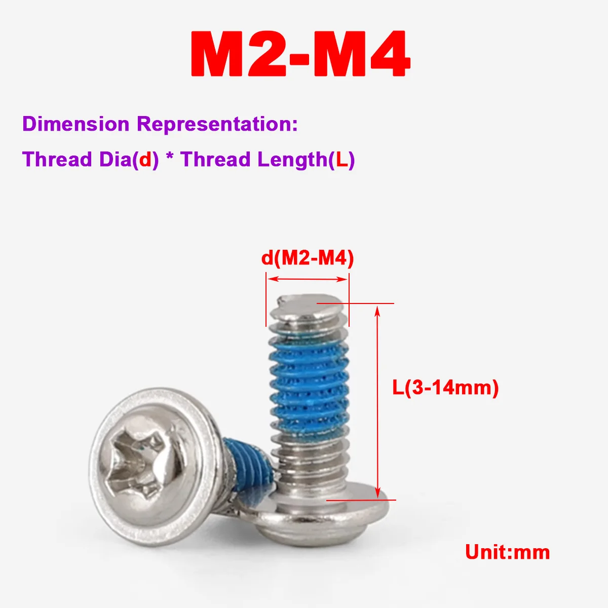 Nickel Plated Round Head With Gasket Cross Groove Coated With Blue Glue Anti Loosening And Anti Falling Bolt M2M3M4