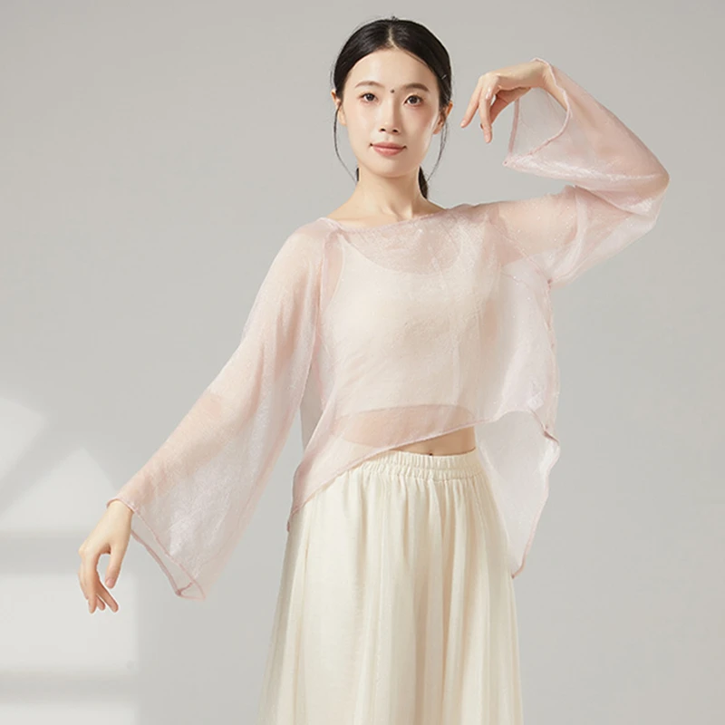 Klassische Tanz Top Frauen Flattern Langarm Gaze Hemd Zurück Split Saree Durchsichtig Fee Bühne Kleidung Leistung Kostüm