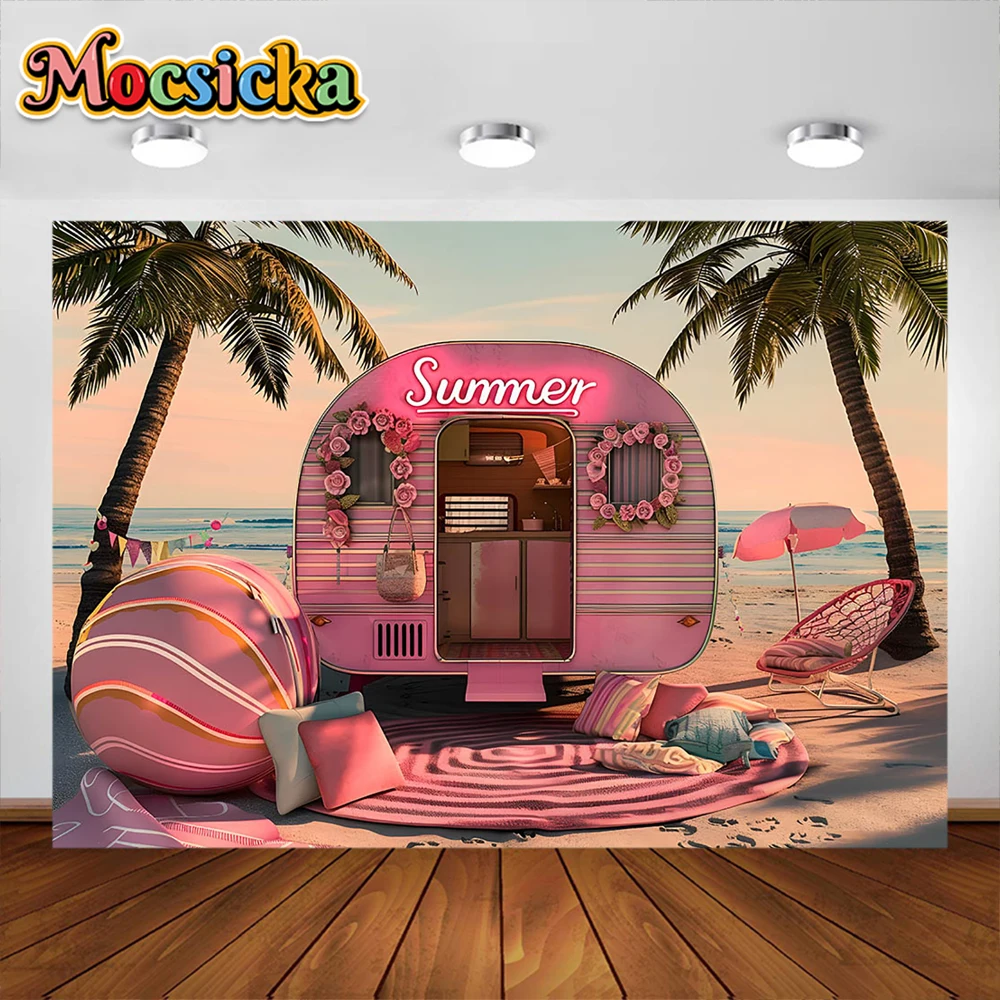 Verão ao ar livre fotografia fundo, rosa princesa carro, Dream House Backdrop, retrato de praia tropical, Kids Photo Studio