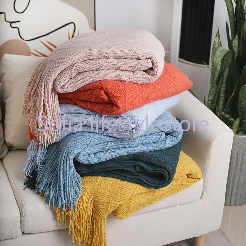 Nordic Knitted Shawl Sofa Blanket with Tassels Scarf Sofa Emulation Fleece Throw Blanket TV Blankets Bed End Decor Drop Ship