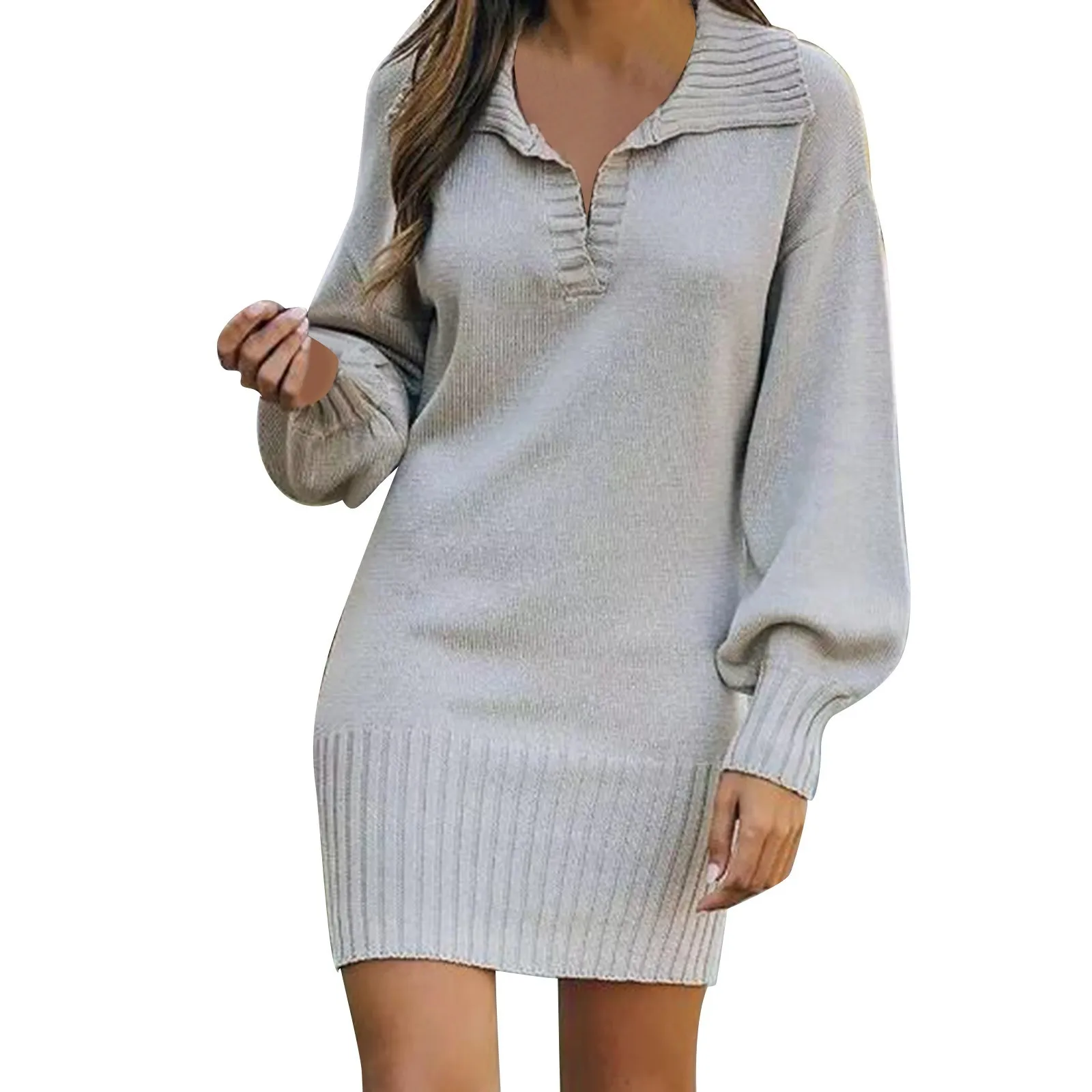 

Ladies Knit Bodycon Dress Autumn Sweater Solid Color 2024 Elegant Long Sleeve Mini Dress Fashion V Neck Ribbed Slim Fit Dresses