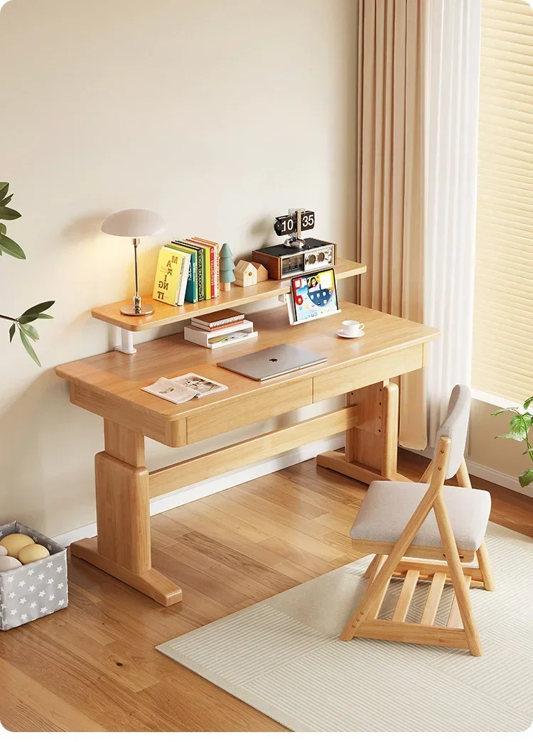 

Solid Wood Student Household Desk with Bookshelf Study Table Simple Computer Desk Adjustable