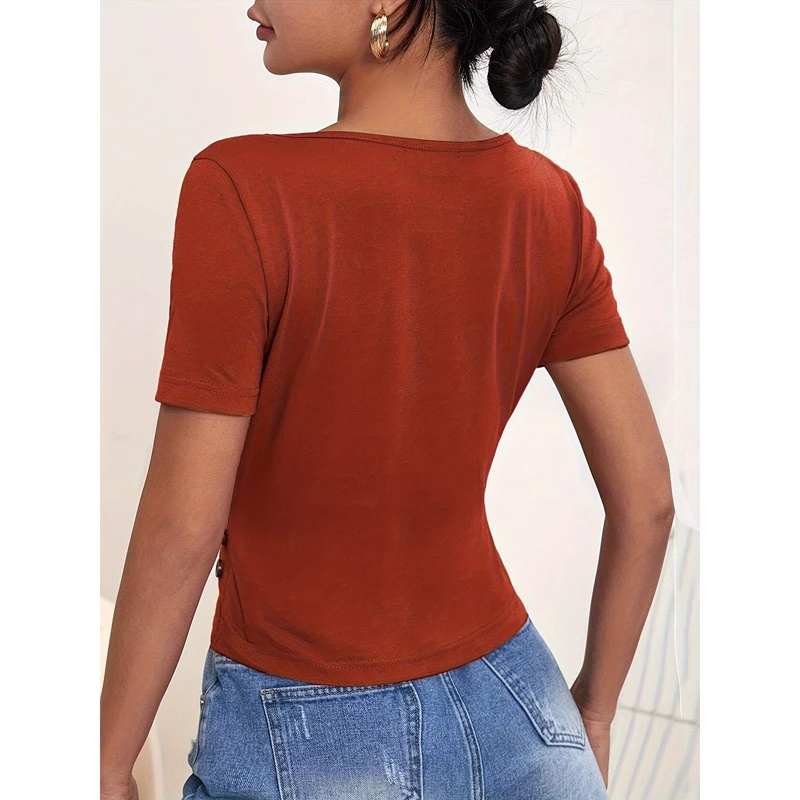 Summer Women's Sexy Hollow T-shirt Solid Color Round Neck Slim Short Sleeve Tee Fashion Trend Street Party T Shirt Top