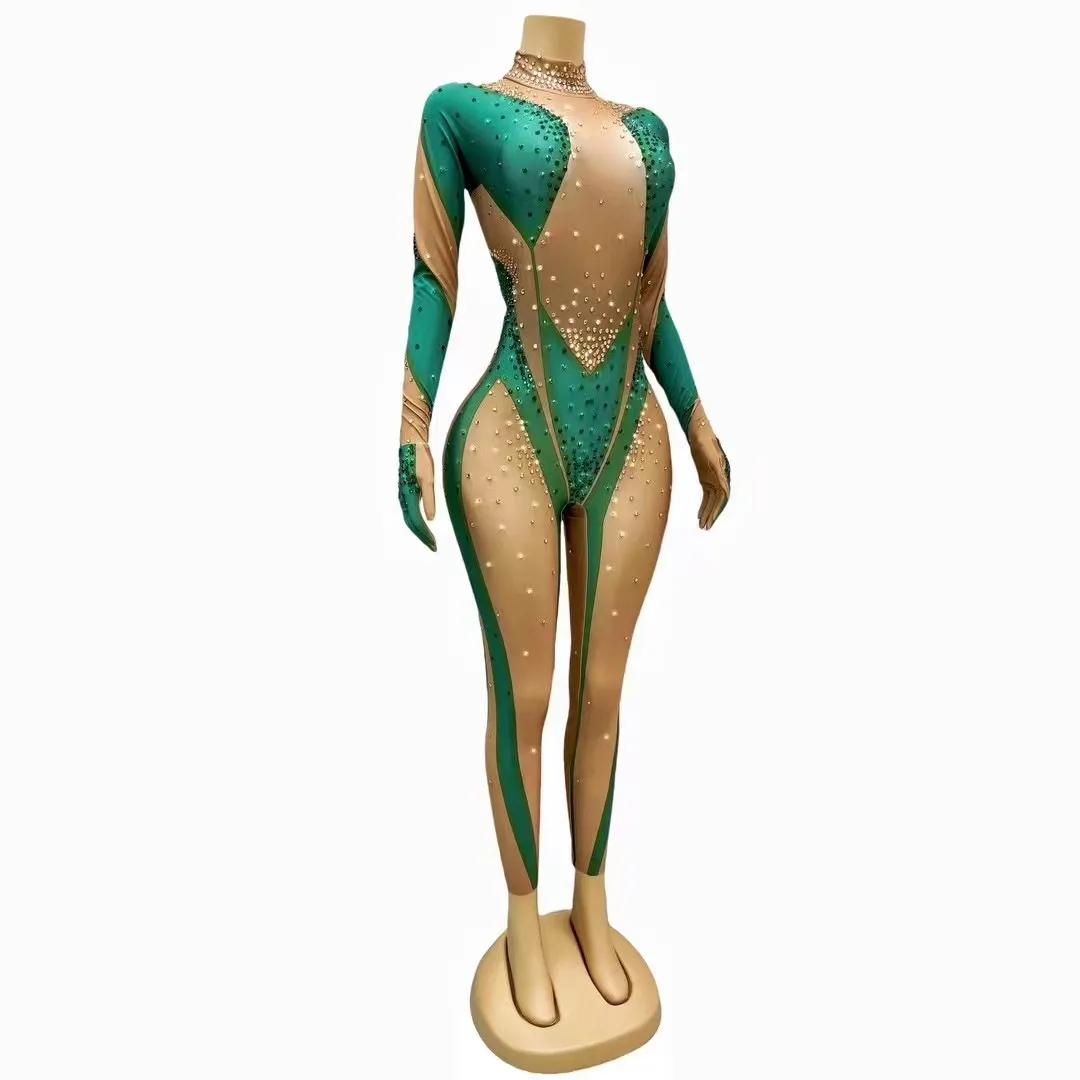 Sexy Stage Green Gold Rhinestones Jumpsuit Gloves Women Dance Performance Spandex Leggings Birthday Nightclub Photoshoot Outfit