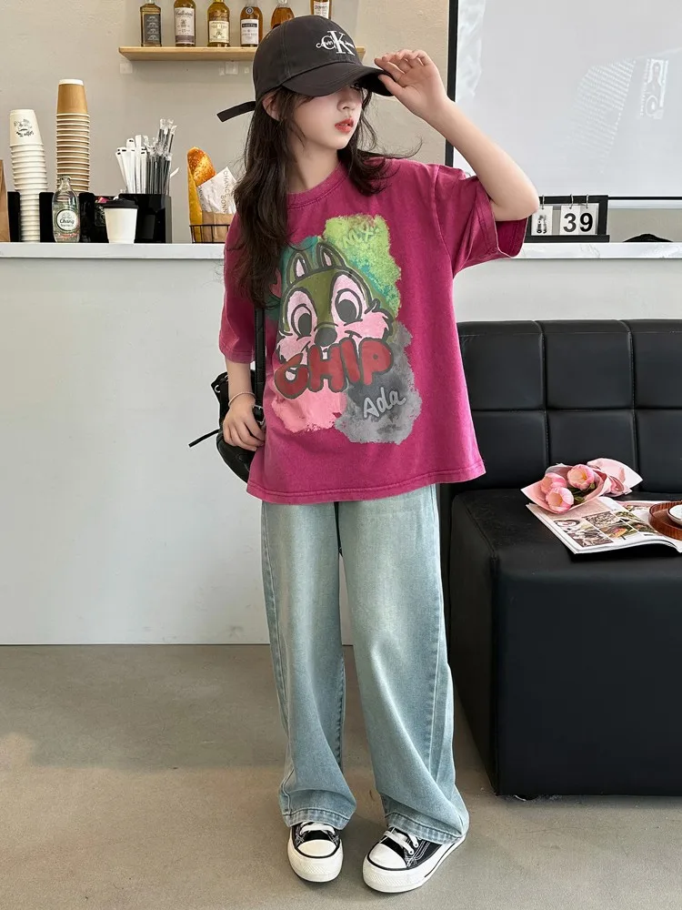 

Girls Casual Summer Outfit 2025 New Korean Sle Children's ort Sve T-irt Denim Two-Piece Set Cotton Long Pants