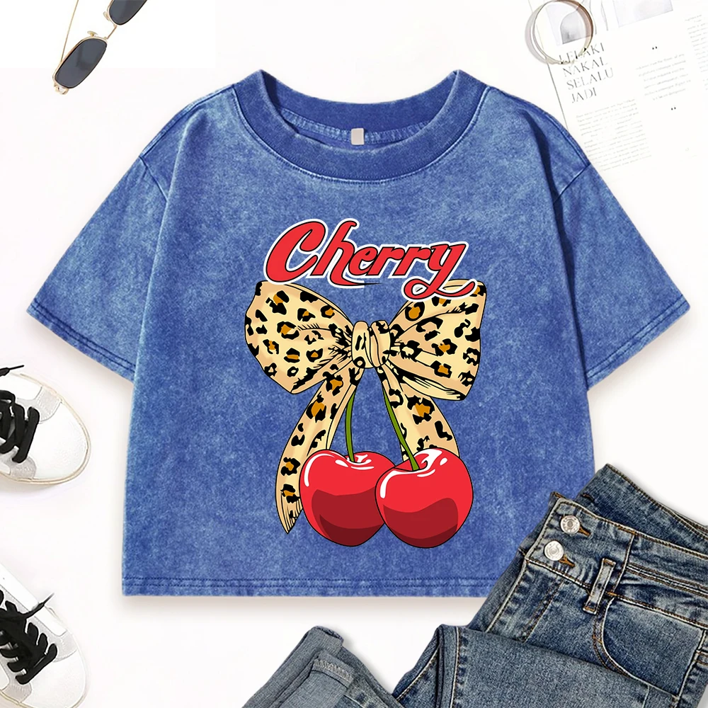 

Creative Bow Cherry Print Women Washed T-Shirt Street Cotton Tee Shirts Vintage All-Match Clothes Summer O-Neck Short Sleeve
