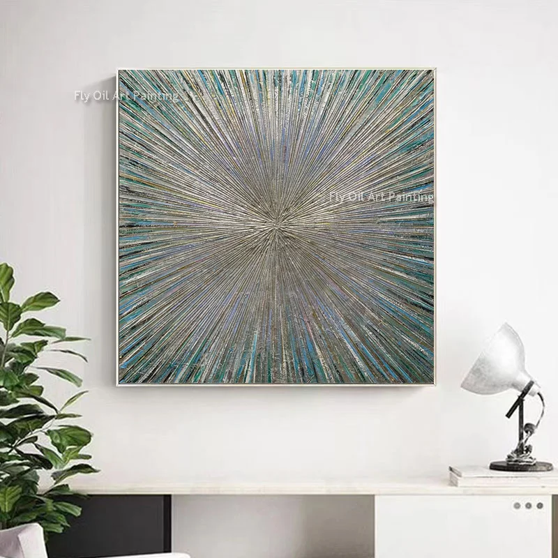 Blue And Sliver Abstract Ray Thick Oil Painting Handpainted Large Design Golden Ray Canvas Artwork Decor For Room As Gifts