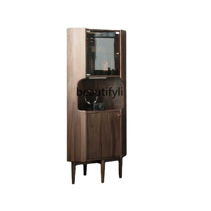 

zq Wood Side Cabinet Triangle Cabinet Japanese-Style Corner Wine Cabinet Black Walnut Living Room Dining Side Cabinet Locker