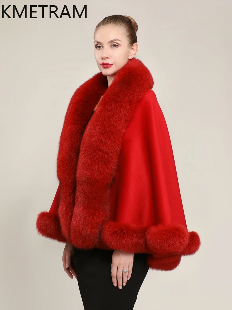 90% Wool + 10% Cashmere Cloak with Fox Fur Collar Short Real Fur Coat Woman Winter Red Party Shawl Coats Women Clothing 2025