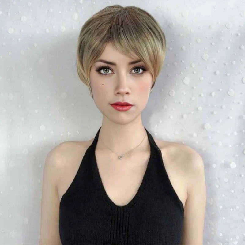 Fashionable Wig for Women with Slanted Bangs Exposed Ears Short Hair Full Top Headband Y2K Style Headgear Cool Goledn Wig