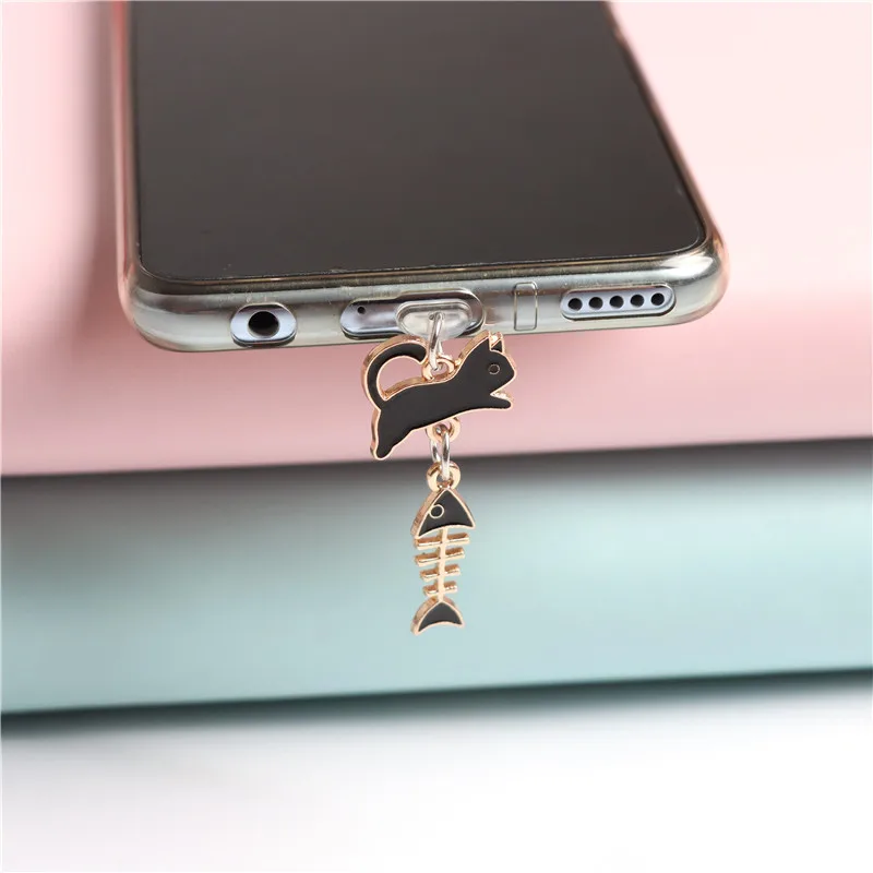Fishbone Cat Dust Plug Charm Kawaii Charge Port Plug For iPhone Type C Dust Protection Stopper Cute Anti Dust Cap Phone Pendant