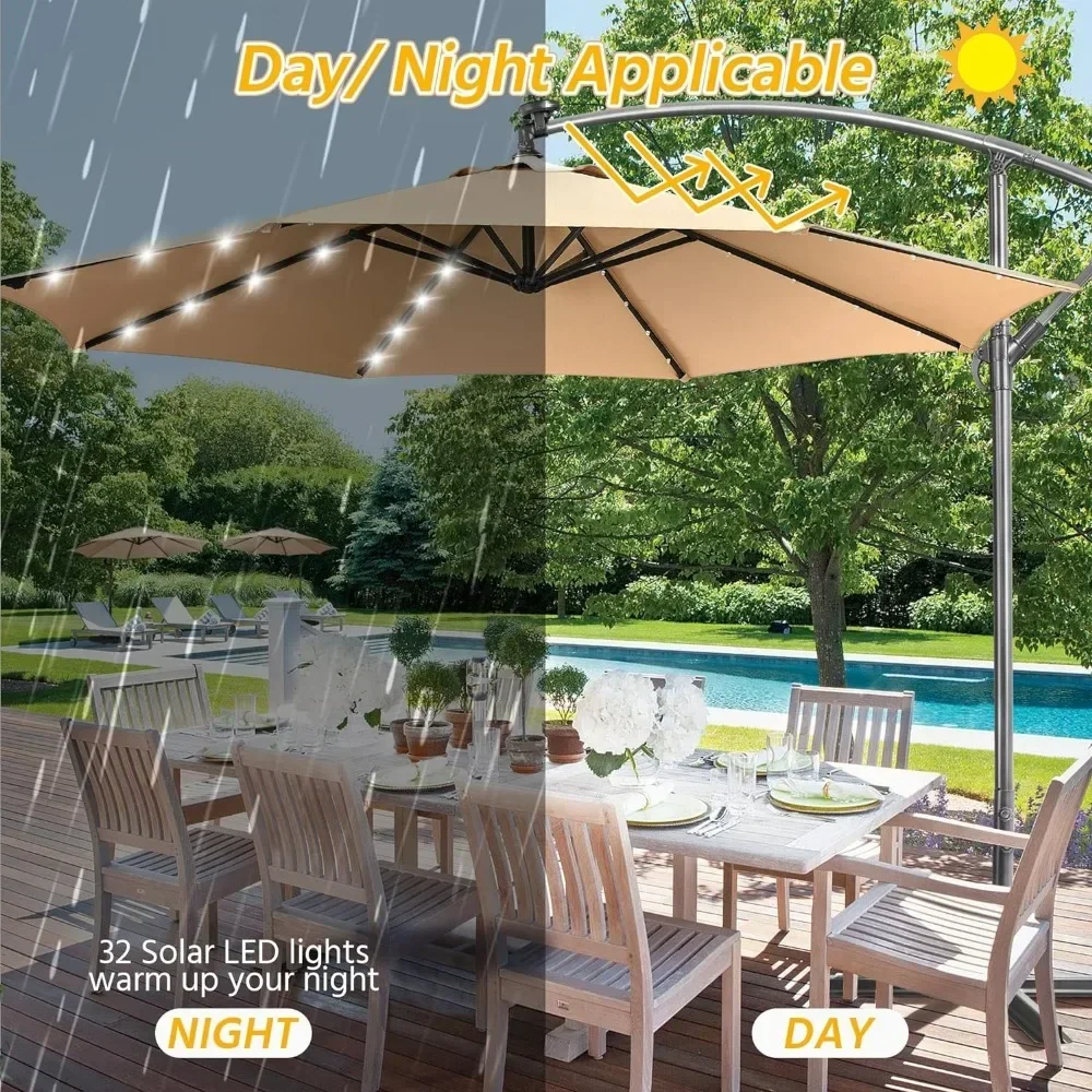 Solar Offset Umbrella with 10FT 32 LED Lights Cantilever Outdoor Umbrellas Handy Crank & Cross Base  for the Beach for Backyard