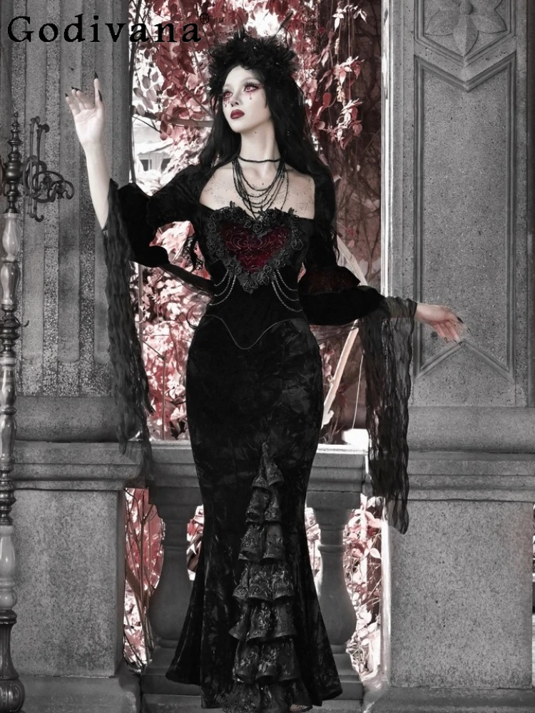 

Halloween Christmas Black Gothic Dark Cos Mermaid Dress Autumn Winter New Women's Slim Fit Elegant Vintage Velvet Long Dress