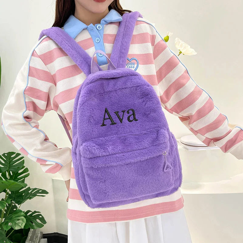 Mochila Plush personalizada para estudantes do sexo feminino, versátil, outono e inverno, presente personalizado