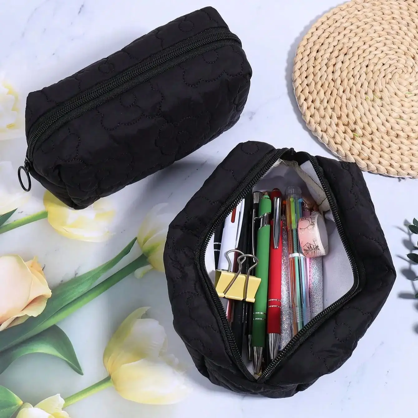 Cute Aesthetic Flower Print Pencil Case,Pencil Pouch Organizer with Zipper, School Stationery Holder for Women & Students
