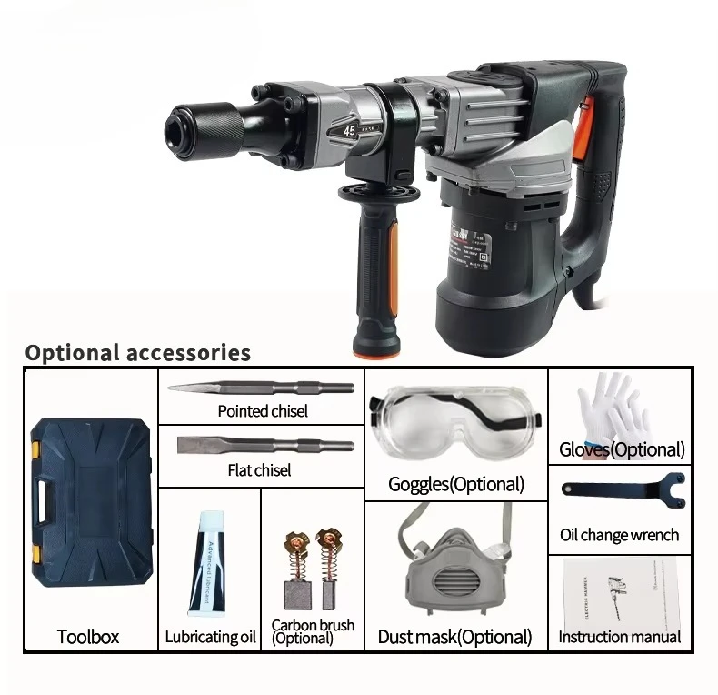 OZN 1600W High-Power DIY Industrial Electric Demolition Drill-Multi-Purpose Concrete Breaking Tool 3700bpm Impact Aluminum