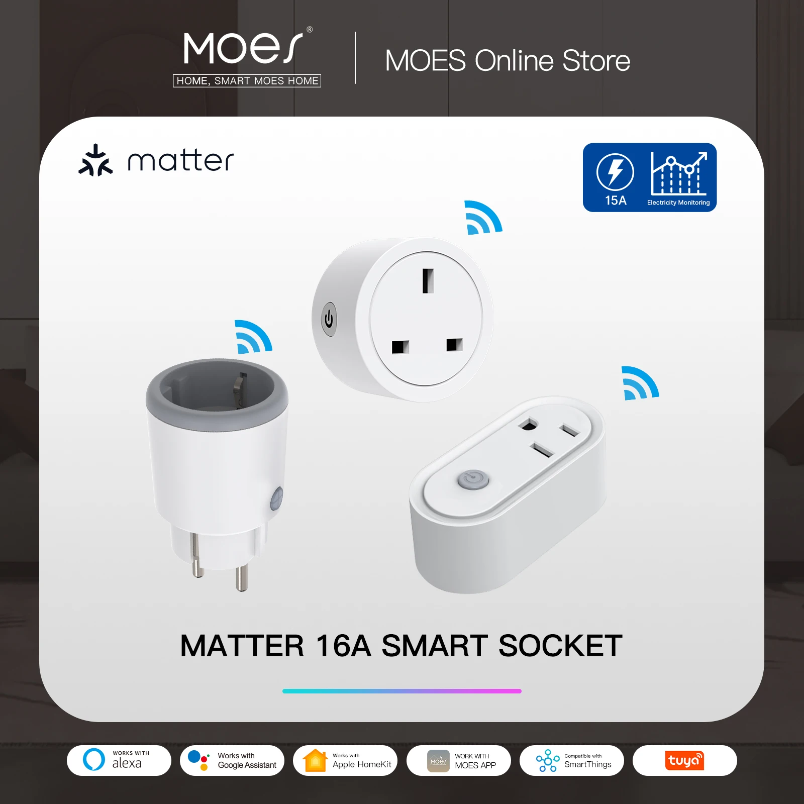 

MOES Smart EU/US/UK Plug Matter WiFi Socket 15/16A Timer Outlet Power Monitor Support TUYA Apple Homekit with Google Home Alexa