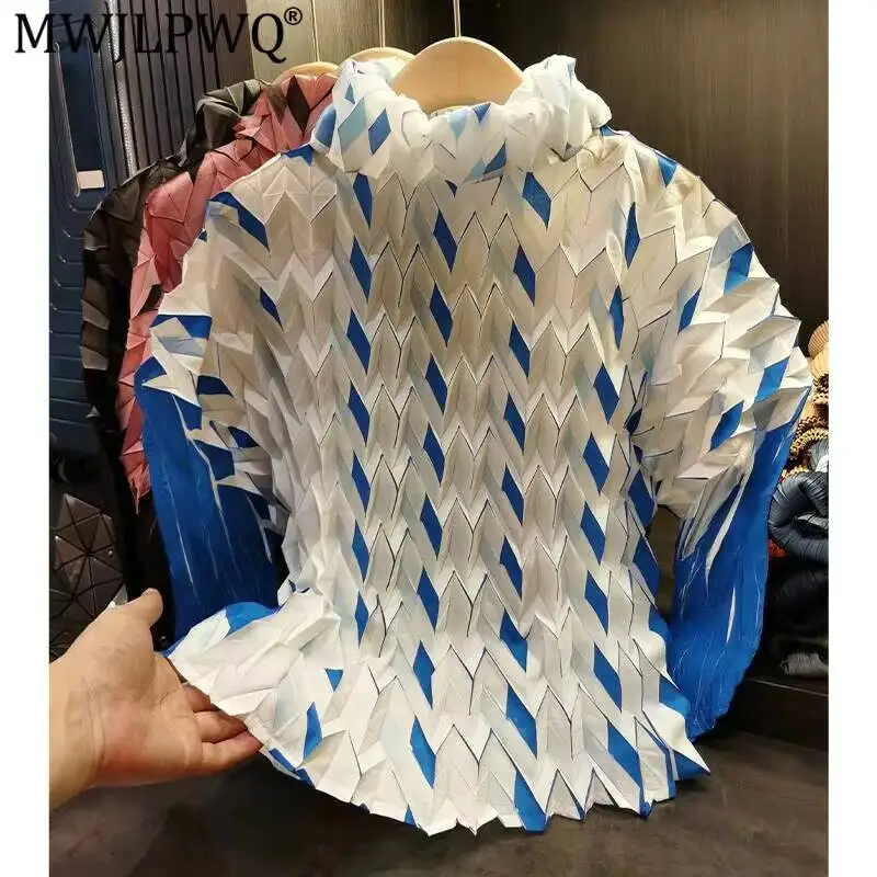 MWJLPWQ Unisex Pleated Tops 2026 New Geometric Color Block Commuting Long Sleeve High Collar Loose Pullover T-Shirt Autumn 17377