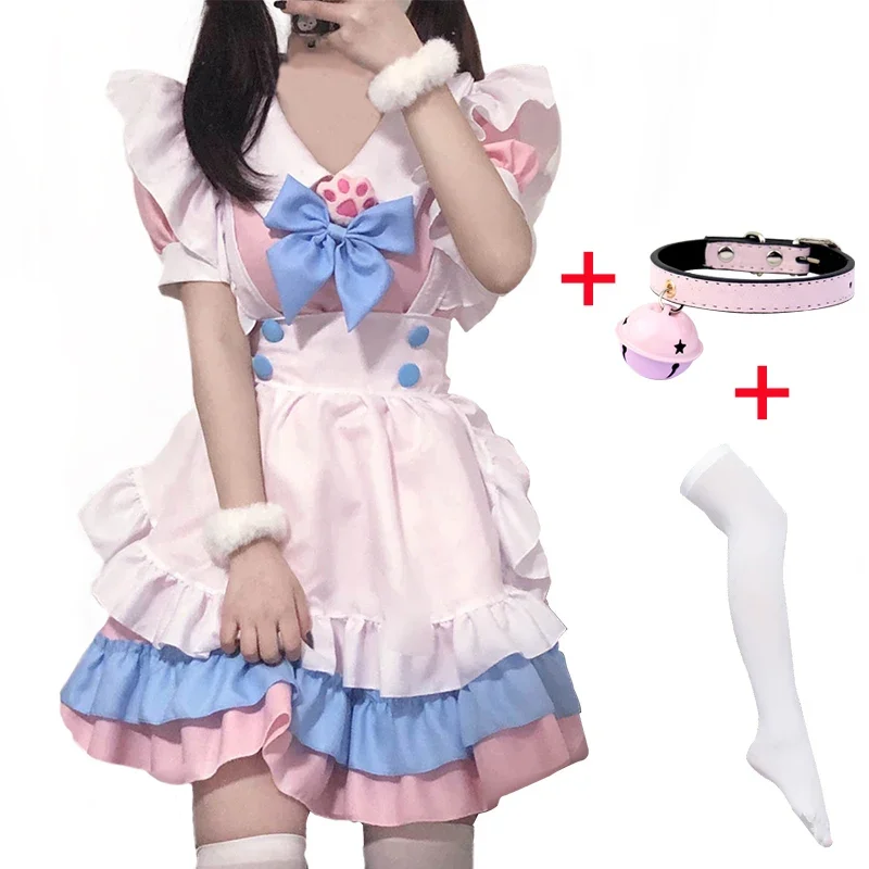 Vestido Lolita de sirvienta de Anime para mujer, disfraz de Cosplay, vestido Loli, Collar de campana de lazo de mucama de garra de gato, medias blancas, púrpura, Rosa