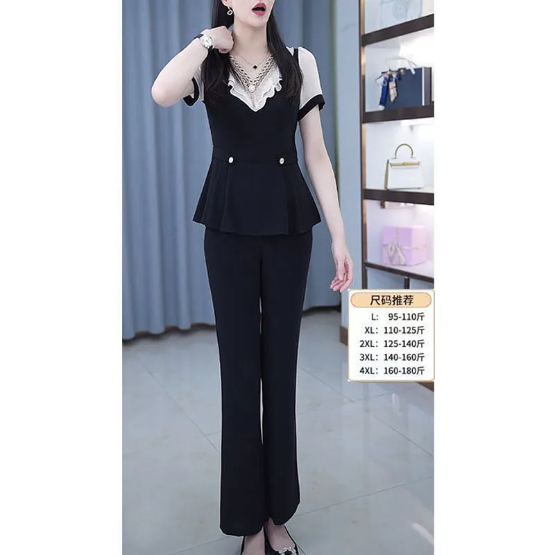 Summer New Simple Fashion Commuter Trousers Black Two Piece Set Elegant Office Lady Ruffles V-Neck Beading Short Sleeve Shirt