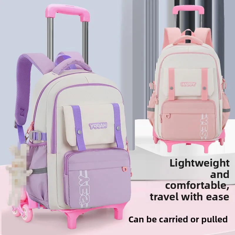 new-style-elementary-school-student-girls'-backpack-with-pull-rod-wheels-grade-3-6-luggage-bag-modern-cool-design-unisex