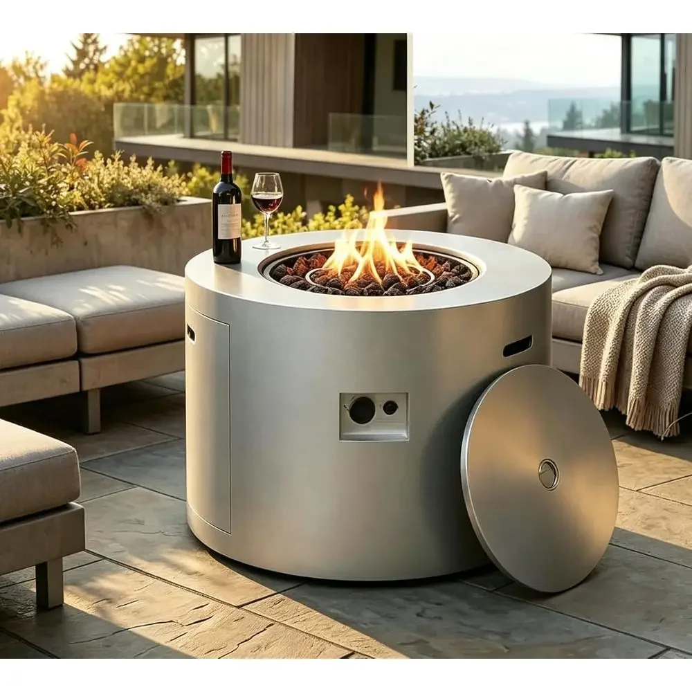 

32 Inch Propane ire Pit Table, 50,000 Round Outdoor ire Table, Alloy Steel Gas ire Pits with Waterproo Cover, Lava Rocks and Lid