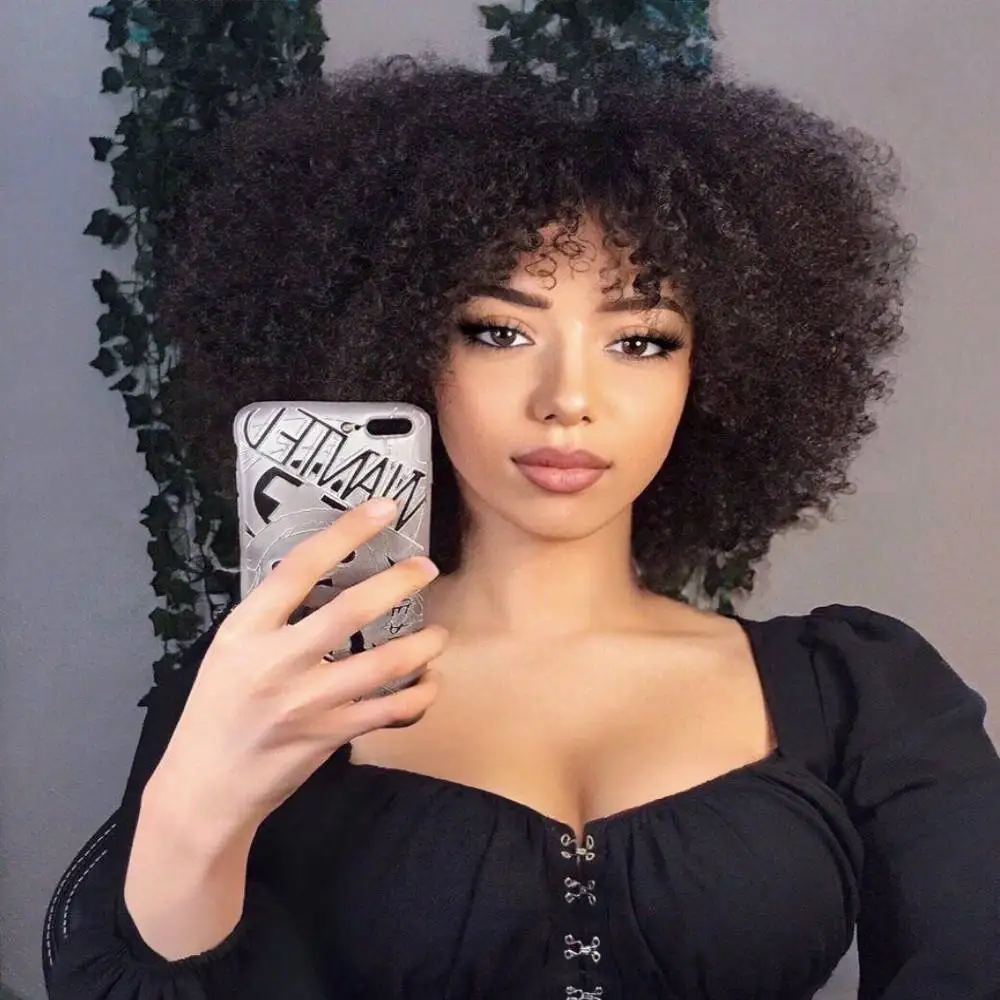 Afro Kinky Curly Wig with Bangs Full Machine Made Brazilian Human Hair Brazilian Remy Hair Wig For Black Women 180 Density YARRY