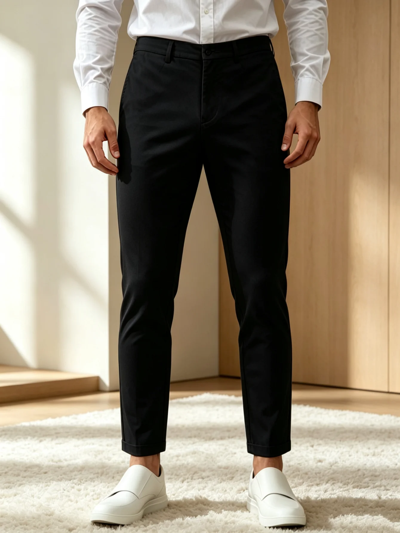Men's Black Slim Fit Chino Pants Solid Cropped Trousers Roll Cuff Business Casual Ankle Dress Roll Hem Smart Casual Ankle Pants