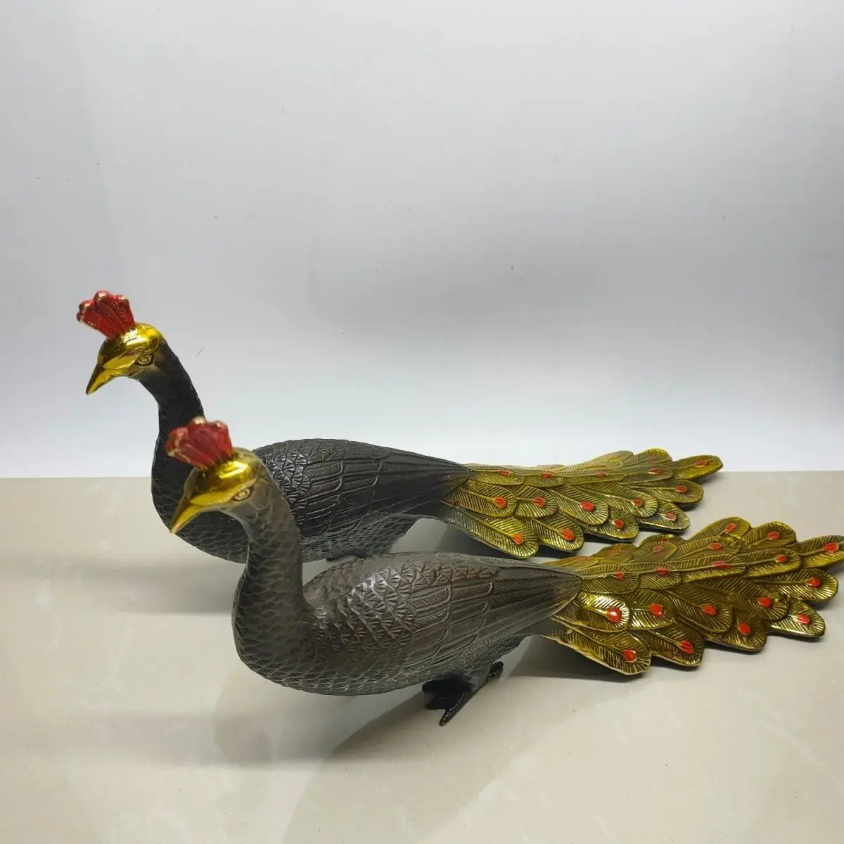 Pair of Gilt Red Copper Peacock Ornaments, King of Birds, Symbolizing Flying Side by Side