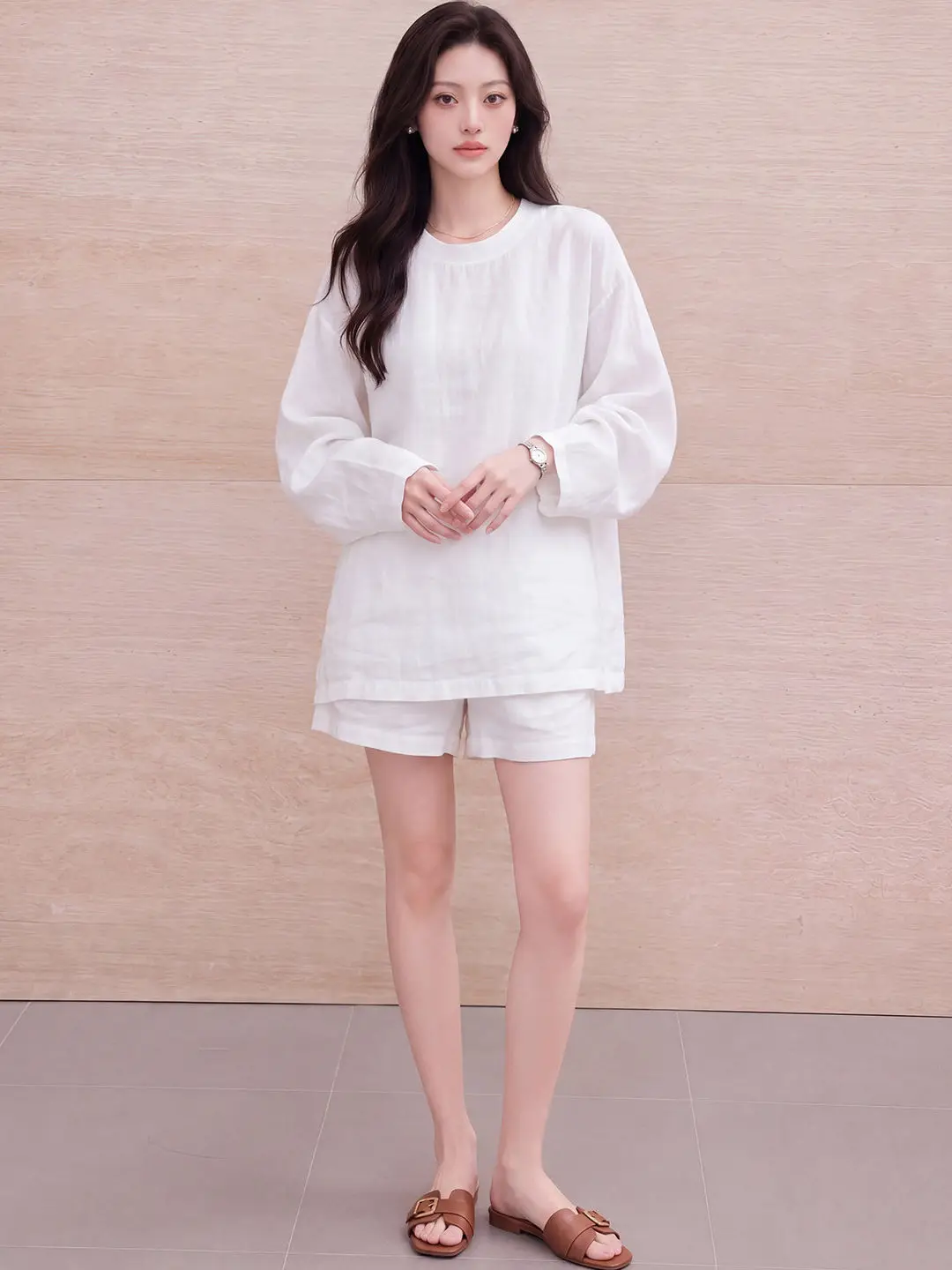 Casual Linen Women's Set Summer Fashion Simple Lazy Shirt Shorts Moneyed Style Clothing Loose Fit Korean Style Long Sleeve