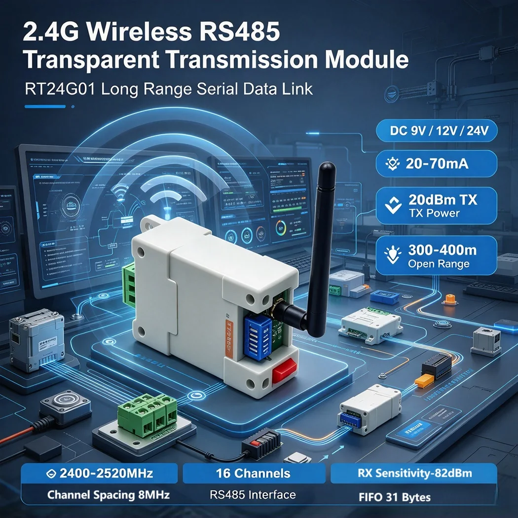 RT24G01 2.4G RS485 Wireless Transceiver Module 300-400M Transparent Transmission 2Mbps DIP Switch Setting DC9V 12V 24V