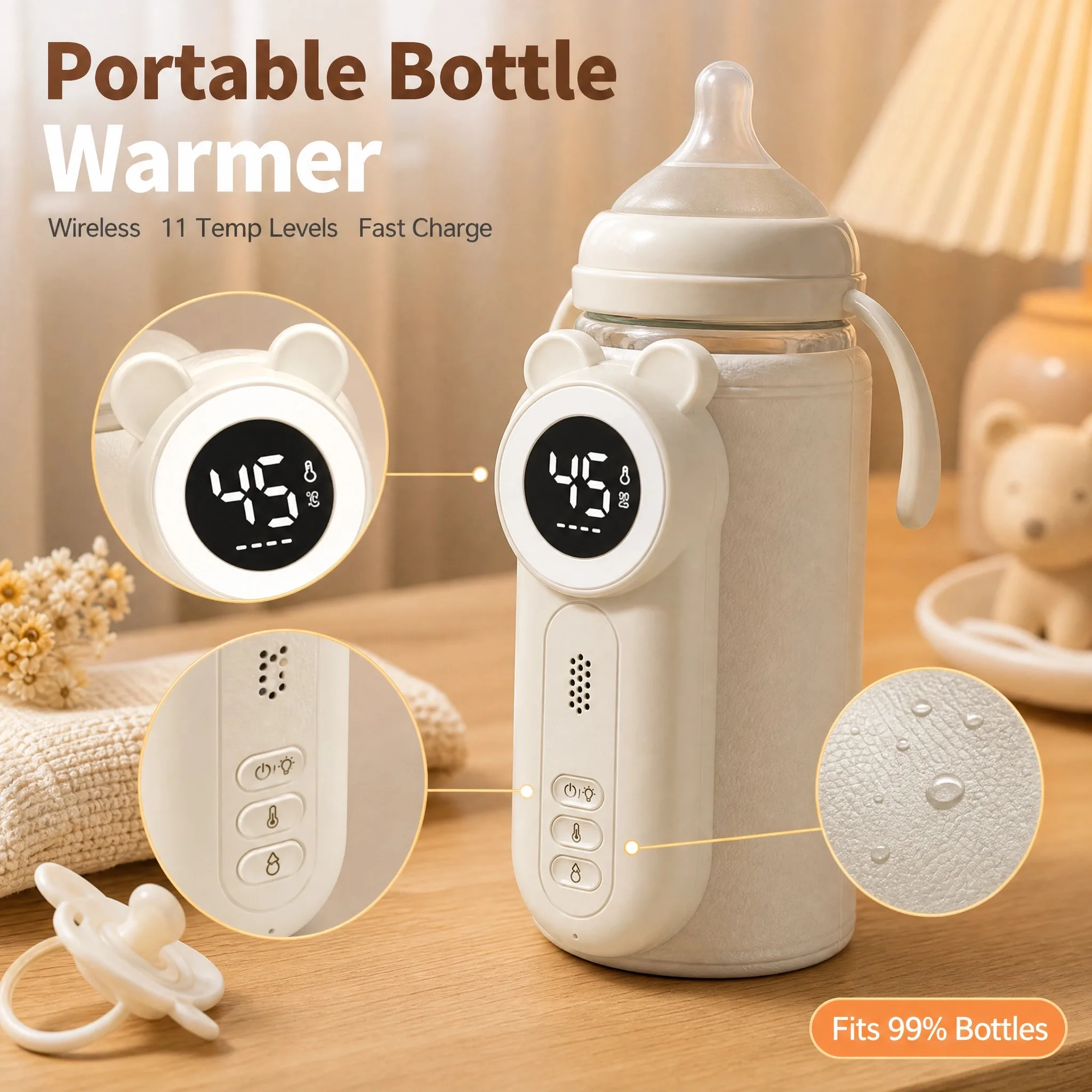 Portable Baby Bottle Warmer, Rechargeable 8000mAh Electric Travel Warmer with 11 Temp Settings 35-55°C, LCD & Night Light