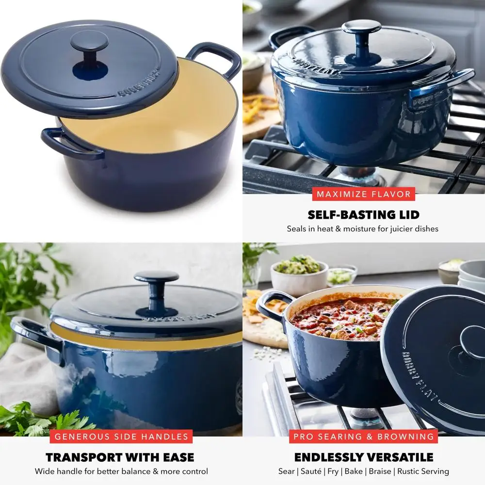 

Bobby Flay 5.5 Quart Enamel Cast Iron Round Dutch Oven with Lid and Dual Handles, Oven Safe up to 500°F, Induction Compatible, S