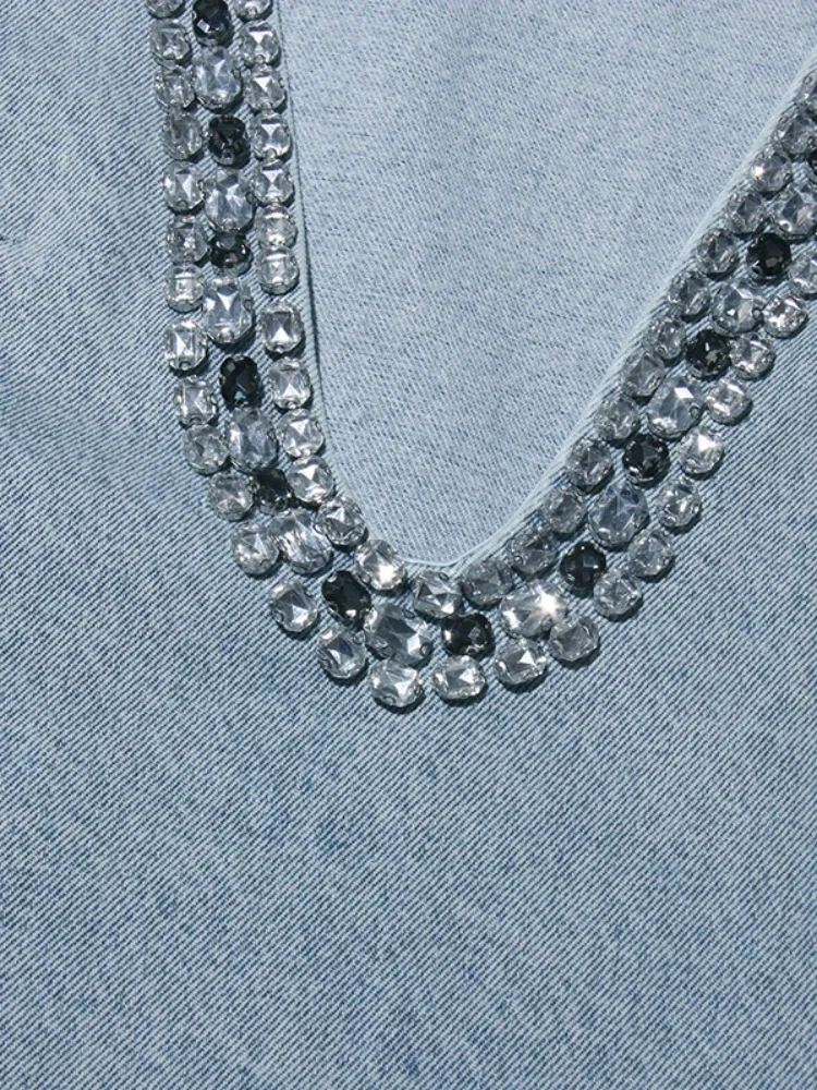 Minivestido vaquero Sexy con cuello en V y diamantes brillantes para mujer, vestidos sueltos de cristal sin mangas, vestidos de cóctel para fiesta de noche