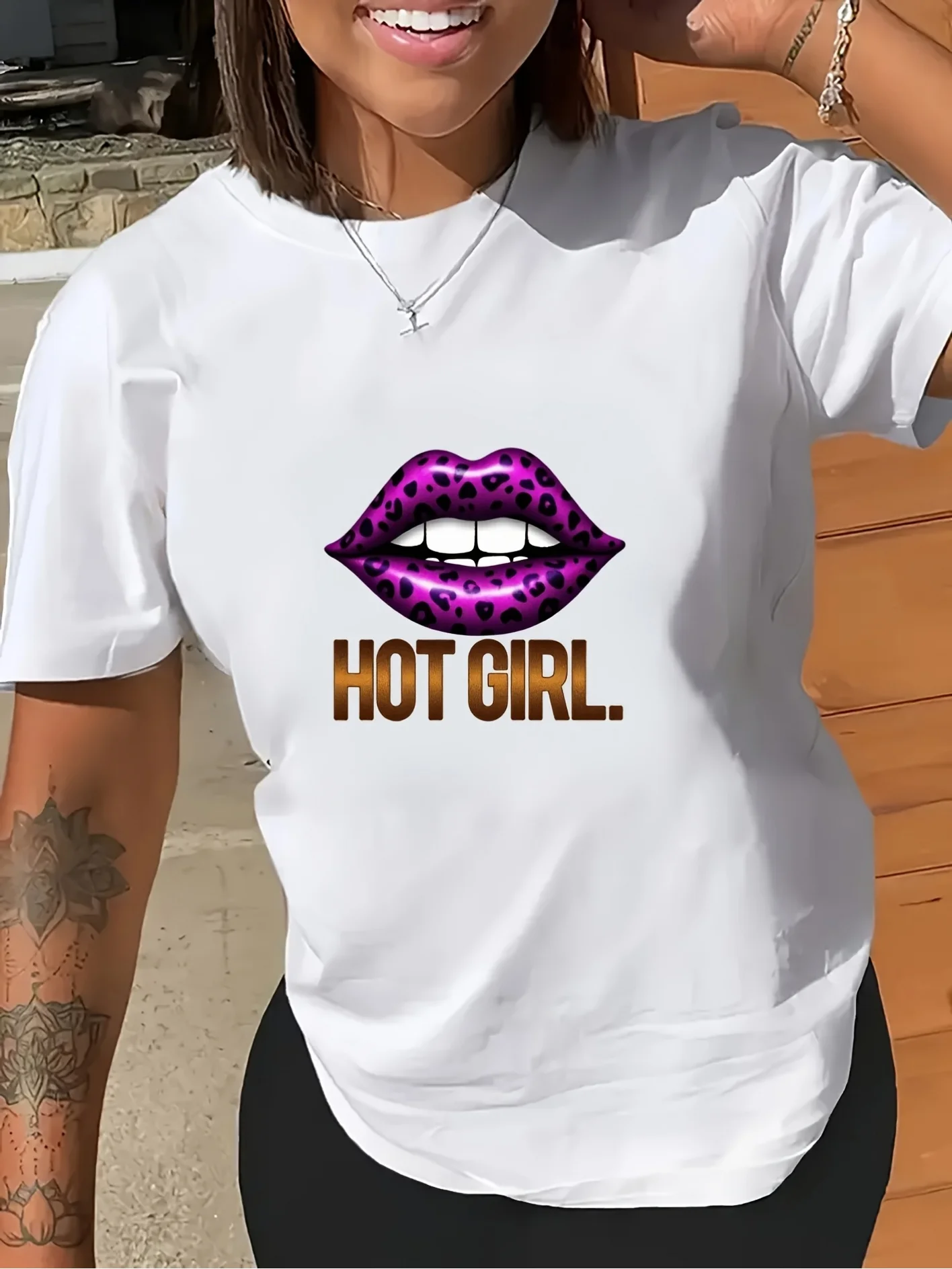 

with "Hot" Pattern and Leopard Print Lip Design Round Neck Harajuku Sleeve Casual Clothing Street Tops Tees Aesthetic Clothes