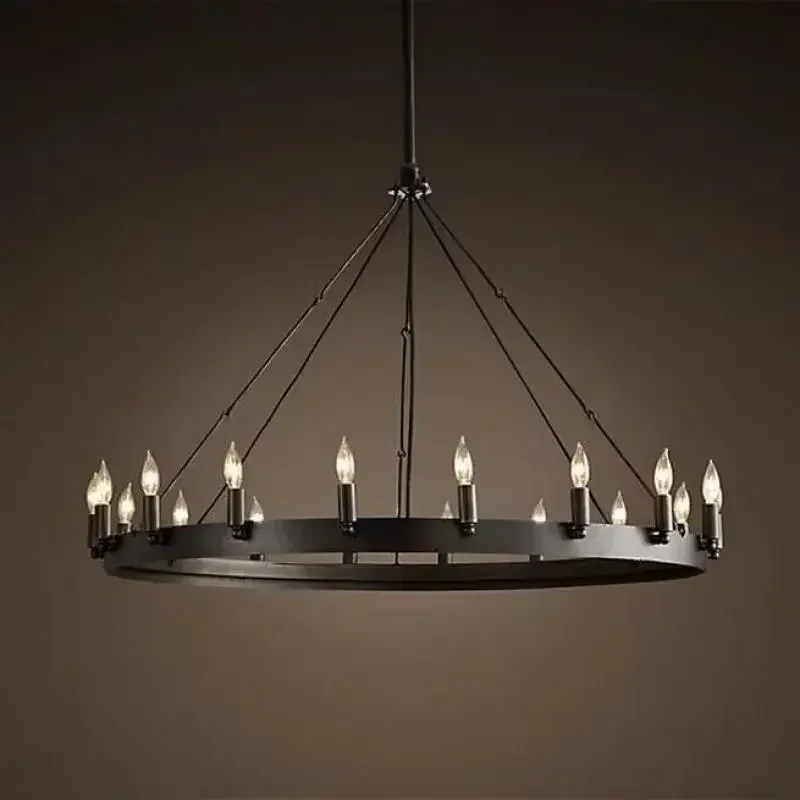 Modern American Retro Iron Pendant Lamp Vintage Industrial Led Droplight Round Cafe Restaurant Bar Knight Candle Chandelier