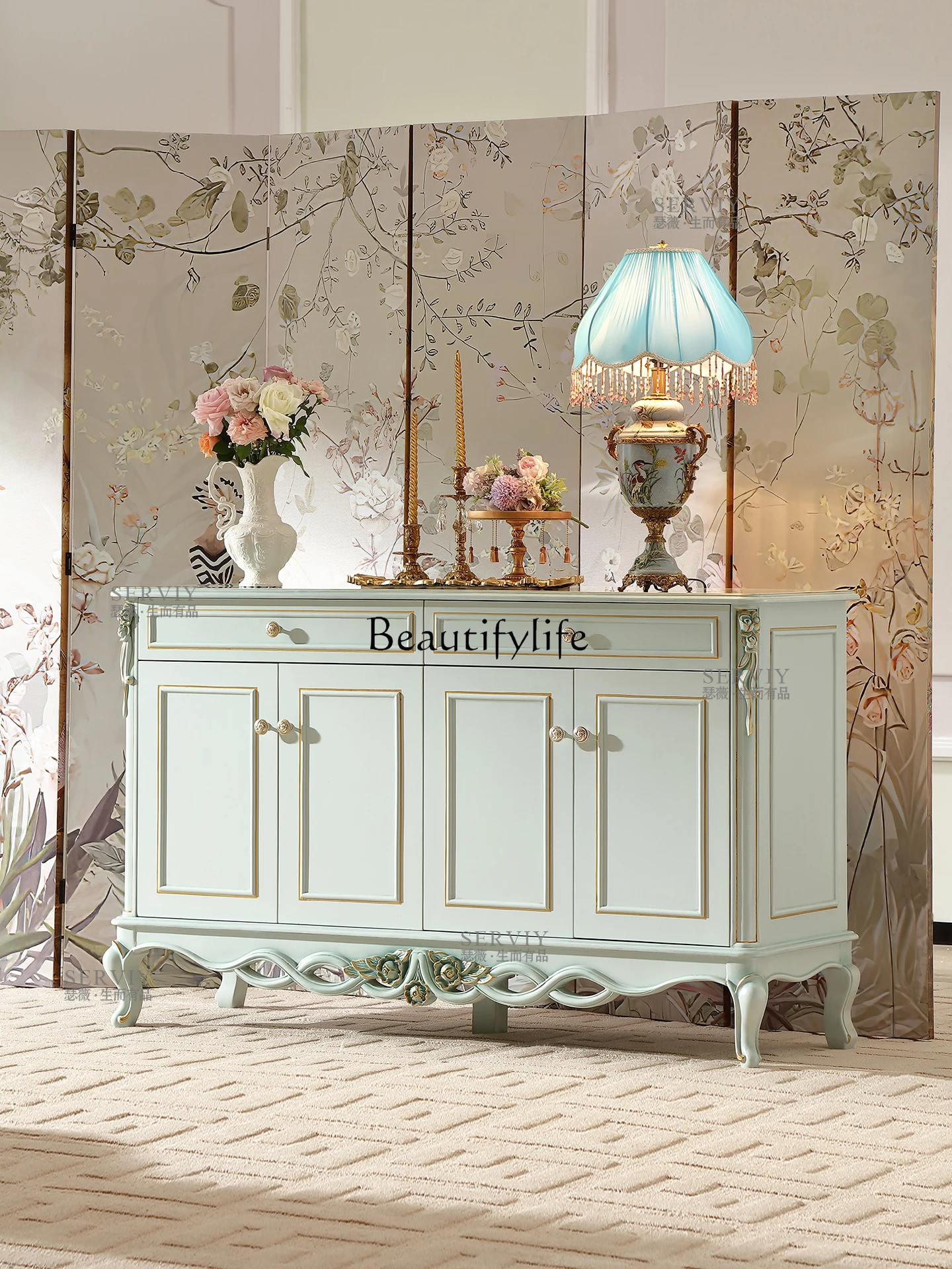 

French pastoral entrance solid wood dining side cabinet 1.4M multi-functional storage side cabinet