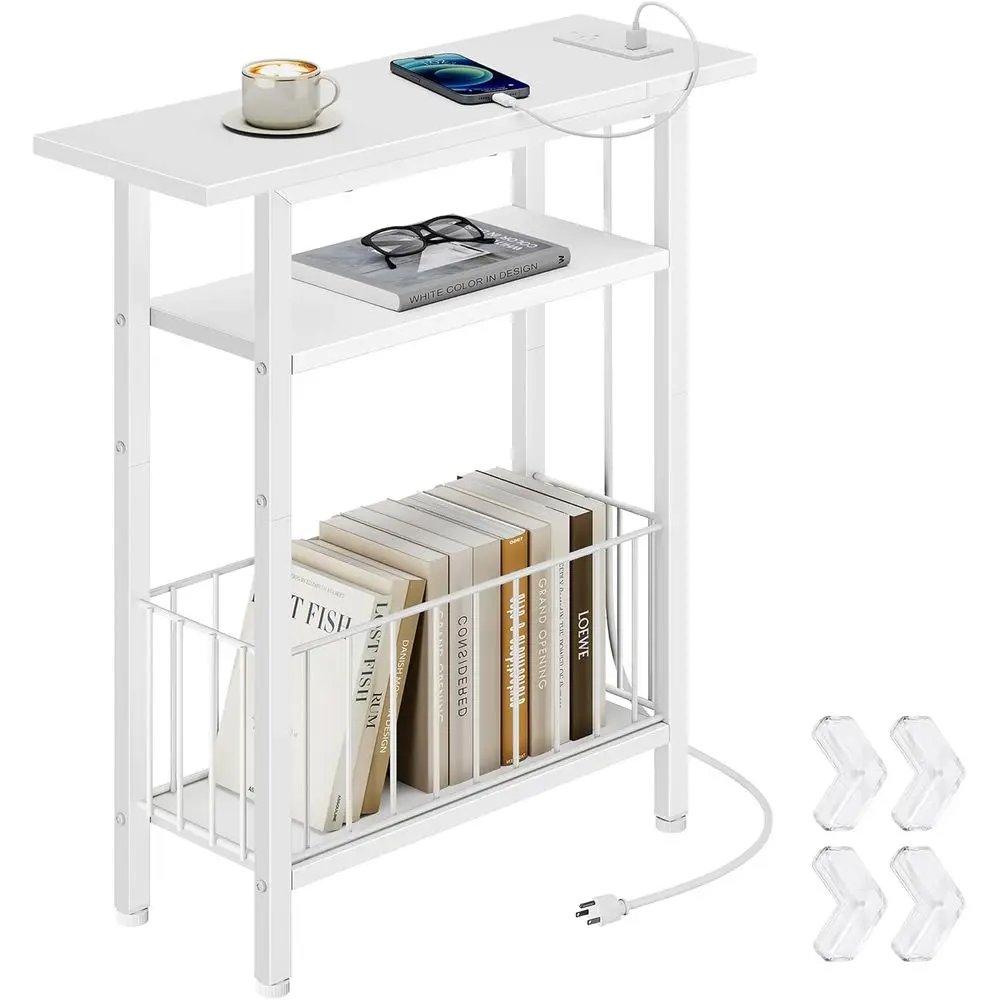 Narrow Side Table with Charging Station, Skinny Side End Table or Couch, 3-Tier Small End Tables for Small Spaces, 25.2 Tall Sli